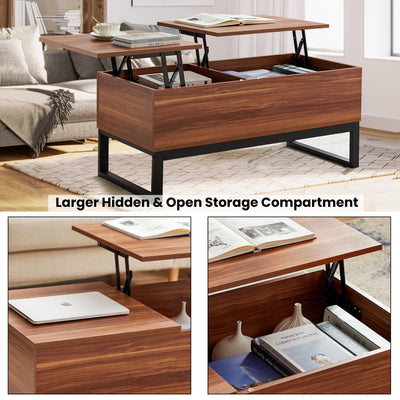 Wood Lift Top Coffee Table with Hidden Compartment, 3 in 1 Multi-Function Lift Tabletop with Storage, Modern Style Dining Table for Living Room and Office, 41-inch, Rustic Oak
