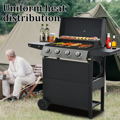 SEGMART 4 Burner BBQ Propane Gas Grill, Stainless Steel 34,200 BTU Patio Garden Barbecue Grill with Two Foldable Shelves & Thermometer, Perfect for Camping, Outdoor Cooking