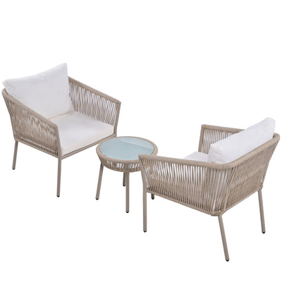 3pcs Outdoor Woven Rope Conversation Bistro Set, Patio Chat Furniture Sets with 2 Single Chairs and 1 Coffee Table, All-Weather Outdoor Woven Rope Sofa Set for Garden Backyard Balcony Poolside