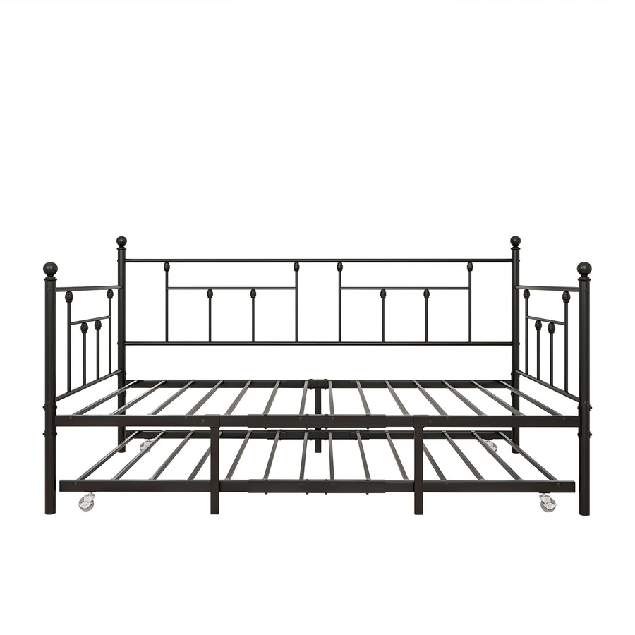 Metal Daybed Frame Twin Size Platform with trundle, metal trundle Daybed wth Roll Out Trundle and Slat Support, No Box Spring Needed, Built-in Casters, Easy Assembly,  Black