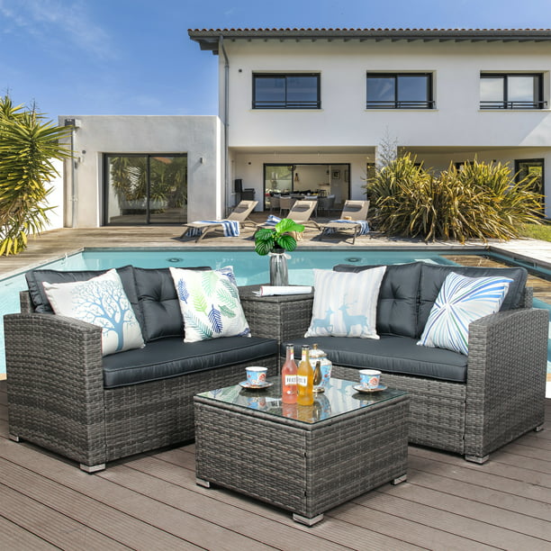 Rattan Wicker Patio Furniture, 4 Piece Patio Furniture Sofa Sets with Loveseat Sofa, Storage Box, Tempered Glass Coffee Table, All-Weather Patio Conversation Set with Cushions for Backyard Garden Pool