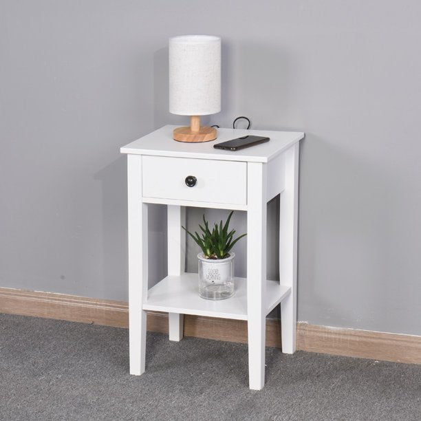 Bathroom Storage Table, 2021 Upgraded Bedroom Night Table with Drawer, Elegance Wood Pantry End Table with Open Shelf, White Sturdy Bedroom Furniture Table for Home Bedside Kitchen, White, S9309