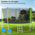 14ft Trampoline with Enclosure on Clearance, New Upgraded Kids Outdoor Trampoline with Basketball Hoop and Ladder, Heavy-Duty Round Outdoor Backyard Bounce Jumper Trampoline for Boys Girls, Green