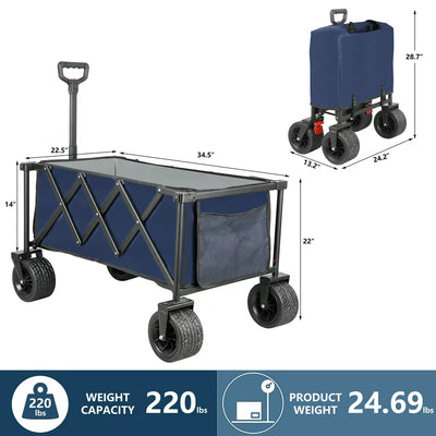 Outdoor Folding Utility Wagon, Collapsible Beach Wagon Cart with 360 Rotating Front Wheels and Drink Holders, Portable Garden Cart for Camping, Picnic, Beach