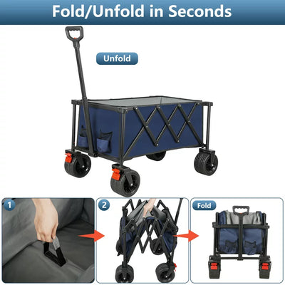 Outdoor Folding Utility Wagon, Collapsible Beach Wagon Cart with 360 Rotating Front Wheels and Drink Holders, Portable Garden Cart for Camping, Picnic, Beach