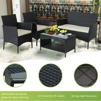 SEGMART 4 PCS Outdoor Wicker Patio Conversation Set with Soft Cushions & Tempered Glass Coffee Table, Patio Furniture Set Rattan Sofas Set for Garden, Poolside, and Balcony