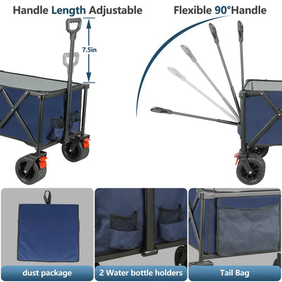 Outdoor Folding Utility Wagon, Collapsible Beach Wagon Cart with 360 Rotating Front Wheels and Drink Holders, Portable Garden Cart for Camping, Picnic, Beach