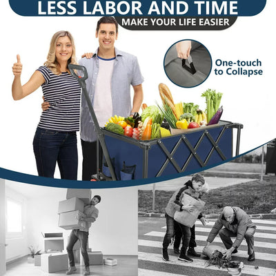 Outdoor Folding Utility Wagon, Collapsible Beach Wagon Cart with 360 Rotating Front Wheels and Drink Holders, Portable Garden Cart for Camping, Picnic, Beach