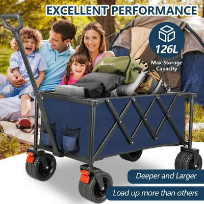 Outdoor Folding Utility Wagon, Collapsible Beach Wagon Cart with 360 Rotating Front Wheels and Drink Holders, Portable Garden Cart for Camping, Picnic, Beach