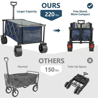 Outdoor Folding Utility Wagon, Collapsible Beach Wagon Cart with 360 Rotating Front Wheels and Drink Holders, Portable Garden Cart for Camping, Picnic, Beach