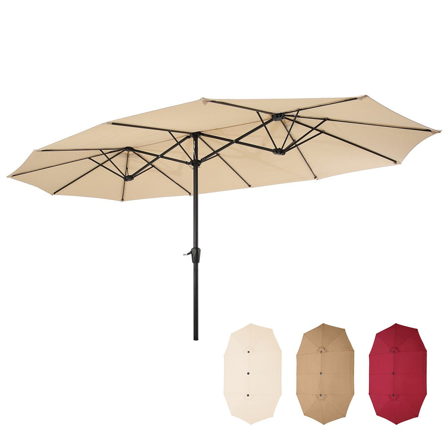 Outdoor Party Deck Market Umbrella, 15Ft Twin Durable Polyester Double-Sided Pool Umbrella with Crank, Foldable Waterproof Sunscreen Beach Sun Shade Tent for Garden, Lawn, Backyard, Tan, S8640