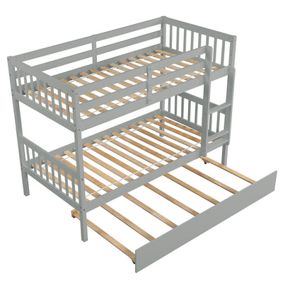 Twin over Twin Bunk Bed, SEGMART Upgraded Solid Wood Twin Bunk Bed with Trundle, Safety Rail and Ladder, Twin Size Detachable Bunk Bed Frame for Kids Boys Girls Teens, Gray, I9640
