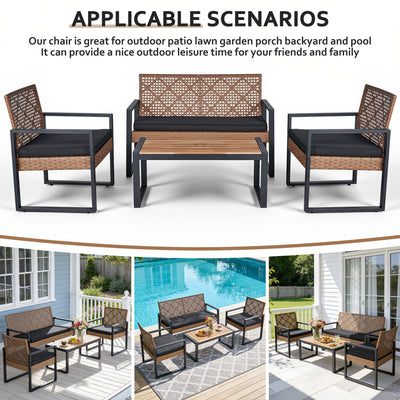 Segmart 4 Piece Patio Conversation Set, PE Rattan Patio Furniture Set with Coffee Table, All-Weather Outdoor Sofa Set with Cushion for Porch, Backyard, Balcony - Light Brown