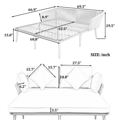SEGMART 2-Person Outdoor Patio Daybed, Sunbed Furniture with 4 Pillow and 2 Backrest Cushion, Outdoor Lounge Chairs, Woven Nylon Rope Backrest for Balcony, Poolside, Lawn, Garden