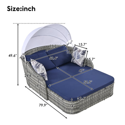 SEGMART Outdoor Sunbed with Retractable Canopy, Patio PE Rattan Double Lounge Daybed with 3 Cushion and 4 Pillows, Patio Double Conversation Bed for Porch, Lawn, Garden, Backyard, Poolside
