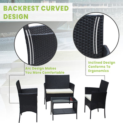 SEGMART Wicker Patio Sets, 4 Piece Outdoor Conversation Set with Glass Dining Table, Loveseat & 2 Cushioned Chairs, Modern Patio Furniture Sets for Yard, Porch, Garden, Poolside, Beige