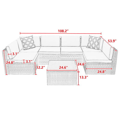 7 Piece Patio Furniture Set with 6 Rattan Wicker Chairs, Coffee Table and 2 Pillows, Outdoor Conversation Set with Beige Cushions for Backyard, Porch, Garden, Poolside, LLL4258