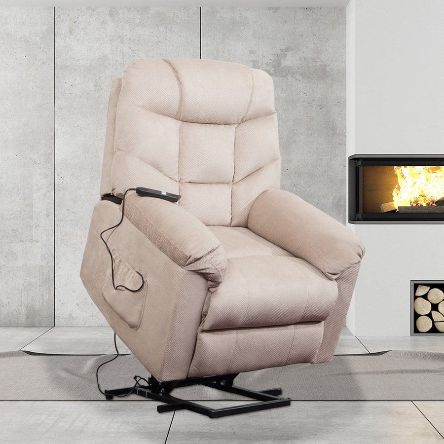 Recliner Chair with Remote Control, Power Lift Recliner Chair Upholstered Fabric Power Lift Recliner Chair, Single Chair for Home Theater Seating Living Room Lounge Chaise, Beige, S12582