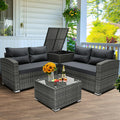 Outdoor Patio Conversation Set, 4 PCS All-Weather PE Rattan Sectional Cushioned Sofa with Table and Storage Box, Manual-Woven Wicker Couch Chair Set, Outdoor Patio Deck Garden Bistro Set, B864