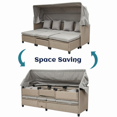 Outdoor Wicker Daybed, 4 Piece Patio Wicker Sectional Sofa Set with Canopy, Lifting Table, UV-Proof PE Rattan Patio Conversation Furniture Sets with Cushions for Backyard, Porch, Garden, Pool, LLL184