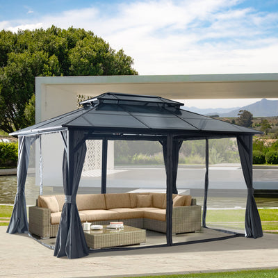 10'x10' Hardtop Gazebo, Outdoor Patio Gazebo with Galvanized Steel Double Roof, Permanent Gazebo Pavilion with Curtain and Netting for Patio, Deck, Backyard