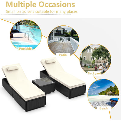Outdoor Lounge Chairs, 3Pcs Patio Chaise Lounge Chairs Furniture Set with Adjustable Back and Head Pillow, All-Weather Rattan Reclining Lounge Chair for Beach, Backyard, Porch, Garden, Pool, LLL1542