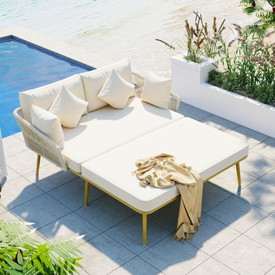 SEGMART 2-Person Outdoor Patio Daybed, Sunbed Furniture with 4 Pillow and 2 Backrest Cushion, Outdoor Lounge Chairs, Woven Nylon Rope Backrest for Balcony, Poolside, Lawn, Garden