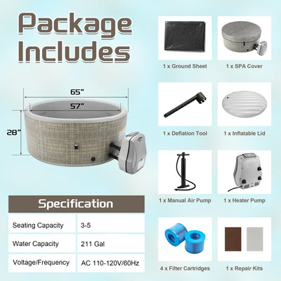 65" Inflatable Hot Tub, Segmart 3 to 5 Person Outdoor Hot Tub, Round Portable Home Spa with 100 Soothing AirJets, Lockable Cover, and Storage Bag, Max. 104°F