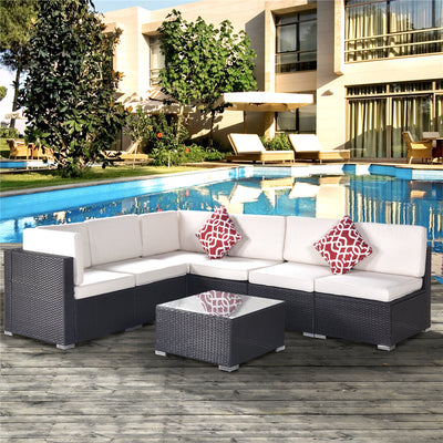 7 Piece Outdoor Deck Furniture Sets with 4 Rattan Wicker Chairs, 2 Ottoman, Coffee Table, All-Weather Patio Conversation Set with Cushions for Backyard, Porch, Garden, Poolside, L5016