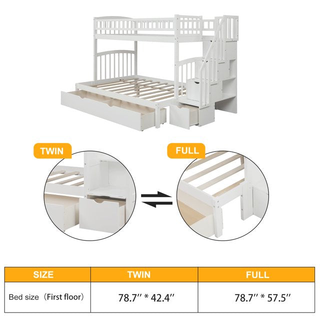 Kids Loft Beds, Twin Over Full Bunk Bed with Stairs and Guard Rail, So ...