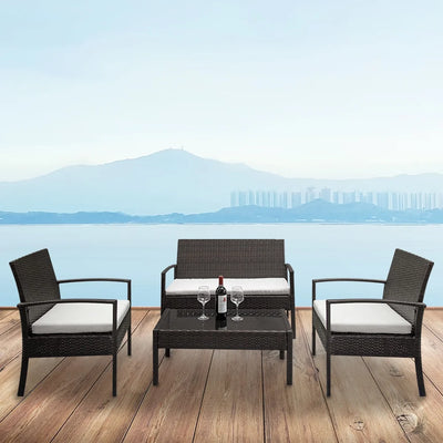 4 Piece Wicker Patio Conversation Furniture Set, Outdoor Rattan Chair and Table Set, Sectional Chair Set with Tea Table & Cushions, Bistro Set for Patio Backyard Porch Garden Poolside Balcony