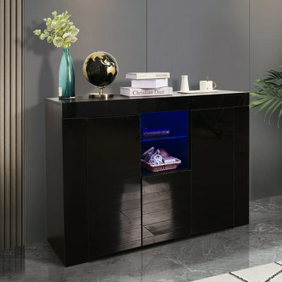 SEGMART Kitchen Buffet Side Table, Simple Sideboard Table with LED Light, Large Storage Drawers and 2 Small Cabinet, Open Shelf, Living Room TV Stand Display Cabinet, S6385