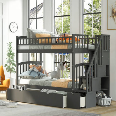 Bunk Beds, Kids Twin Over Twin Loft Bed with Stairs and Guard Rail, Solid Wood Convertible Bunk Bed Frame with Trundle and Storage Drawers, Easy Assembly, No Spring Box Needed, Grey, SS821