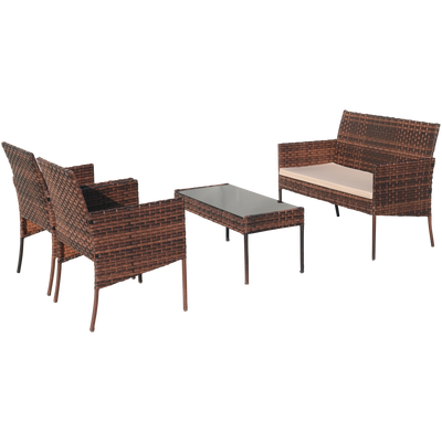 Rattan Wicker Patio Set, SEGMART 4 Piece All-Weather Outdoor Conversation Set with Glass Top Table, Loveseat, Cushioned Chairs, Modern Patio Furniture Set for Yard, Porch, Garden, Poolside, Brown