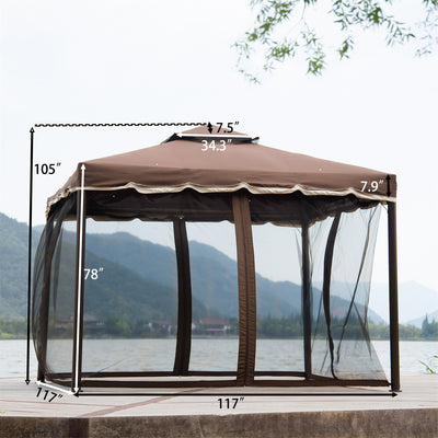 Vented Dome Top Patio Gazebo, Double Roofs Outdoor Shelter Canopy Tent with Nettings and Privacy Screens for Deck Backyard Patio Garden, 9.8 ft. Wx9.8Ft.L, Brown