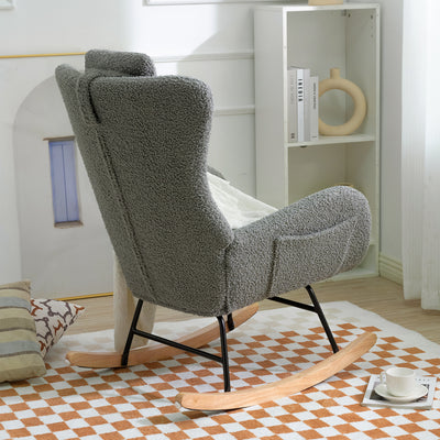 Nursery Rocking Chair, Modern Teddy Fabric Glider Chair for Mom and Baby, Accent Upholstered Rocker Glider Chair with High Backrest for Nursery Bedroom Living Room, Gray