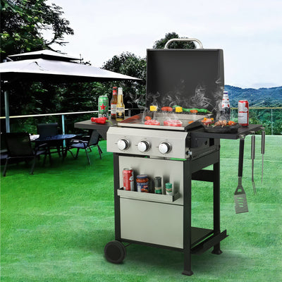 2 in 1 Propane Gas Grill and Griddle Combo, 3 Burner Griddle Grill Combo with Folding Side Tables & Hanging Basket, 36,900BTU Stainless Steel Propane Grill for Outdoor Cooking