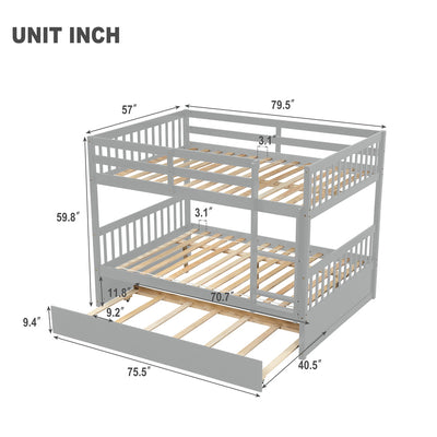SEGMART Gray Full over Full Bunk Bed with Trundle, Solid Wood Full Bunk Bed with Ladder, Full Size Detachable Bunk Bed Frame for Kids, Boys, Girls, Teens, No Box Spring Needed, LLL1476