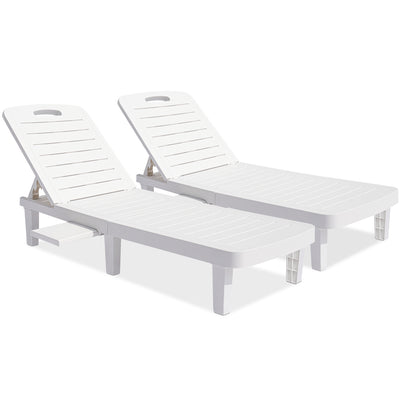 Pool Lounge Chairs Set of 2, Patio Chaise Lounge Chairs Outdoor Furniture Set for 2 with Adjustable Back and Retractable Tray, All-Weather Plastic Reclining Lounge Chair LLL1713