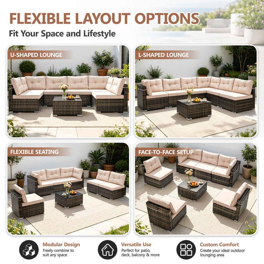 Patio Outdoor Furniture Sets, 7 Pieces All-Weather Rattan Sectional Sofa with Tea Table, Cushions & Pillow, PE Rattan Wicker Sofa Couch Conversation Set for Garden Backyard Poolside, B04