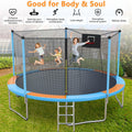 14ft Trampoline with Enclosure on Clearance, New Upgraded Kids Outdoor Trampoline with Basketball Hoop and Ladder, Heavy-Duty Round Outdoor Backyard Bounce Jumper Trampoline for Boys Girls, Green