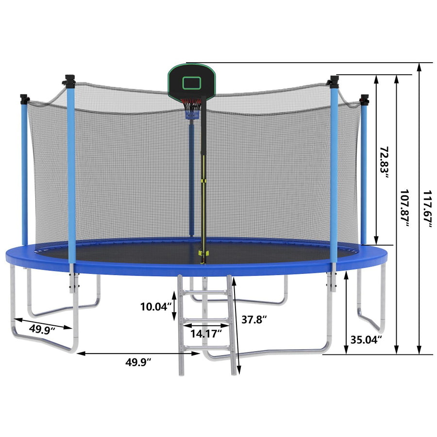 14FT Trampoline With Safety Enclosure Net, Spring Pad, Ladder & Basketball Hoop – Blue, 155lb Capacity