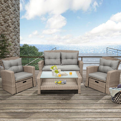 SEGMART 6 Piece Outdoor Patio Furniture Sets, All-Weather Rattan Conversation Set with Ottoman & Cushions, Outdoor Sectional Wicker Set for Backyard, Deck, Poolside