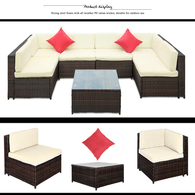 Segmart 7 Piece Patio Furniture Set, 6 Rattan Wicker Chairs with Glass Dining Table, All-Weather Outdoor Conversation Set with Cushions for Backyard, Porch, Garden, Poolside, LLL866