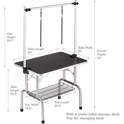 36'' Professional Dog Grooming Table, 36'' Heavy Duty Stainless Steel Frame Foldable Table w/Adjustable with Arm/Noose/2 No-Sit Haunch Holder, Capacity Up to 330lbs, S12016