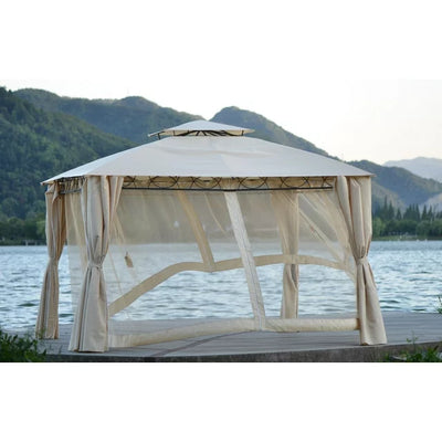 Outdoor BBQ Canopy Tent, Gazebo Canopy with Mosquito Netting for 5-6 Person, Water and UV-Resistant Garden Party Tent with Double Layer Top, BBQ Tent for Patio Backyard, Easy Setup, Beige, S9649