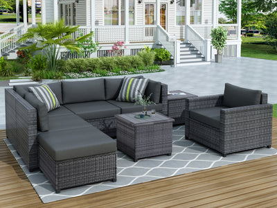 All-Weather Outdoor Patio Furniture Sofa Set, 8 Piece Outdoor Sectional Wicker Sofa PE Rattan Conversation Sets with 5 PE Wicker Sofas, Ottoman, 2 Coffee Table for Backyard, Porch, Garden, Gray