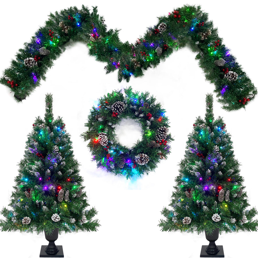 SEGMART Pre-lit Christmas Tree Set, 4 Pieces Artificial Christmas Home Decor with Lights and Pine Cone, 2 Christmas Tree, Christmas Garland and Pine Wreath, Green, S9963