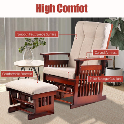 Segmart Glider Rocker and Ottoman Set, Retro Caramel Finish with Beige Cushions, Smooth Rocking Motion Rustic Style Rocking Chair, Easy to Assemble, Solid Wood Base, SS01