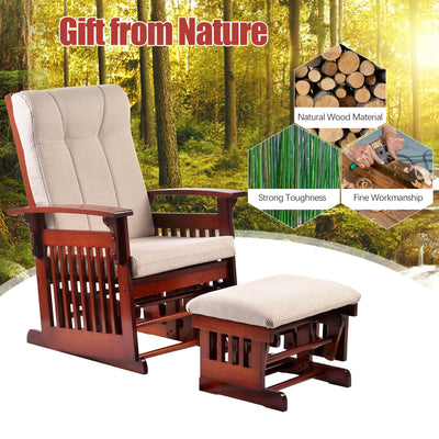 Glider Chair for Nursery, Wood Baby Rocker Nursery Furniture with ottoman, Upholstered Comfort Nursery Chair with Cushion, Accent Recliner Chair for Napping, Nursing, Reading, Cherry, SS02